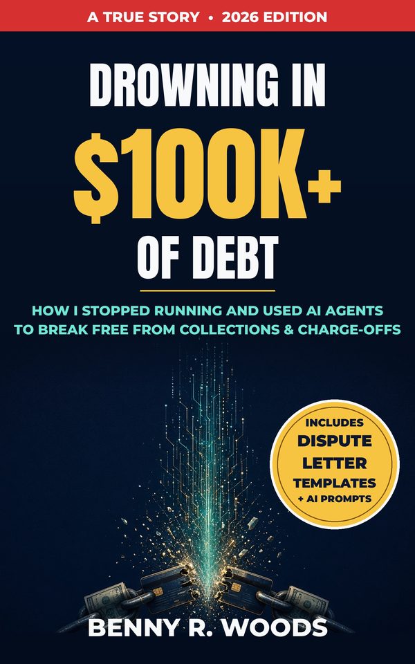 Book cover: Drowning in $100K+ of Debt: How I Stopped Running and Used AI Agents to Break Free from Collections and Charge-Offs